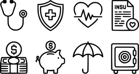 Healthcare and Finance Line Icons  Safety, Coverage and Risk Protection
