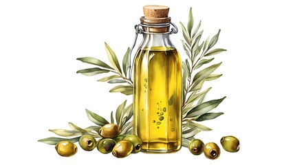 Olive oil in glass bottle. Hand drawn illustration isolated background. Natural fresh organic yellow vegetable oil in jar realistic watercolor image. Pure vegan seasoning. For design