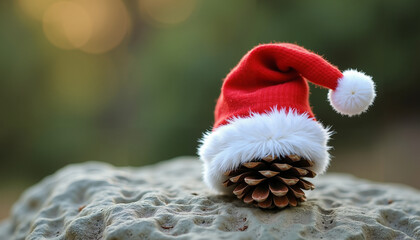 Pine cone wearing a red Santa hat on a stone surface outdoors  