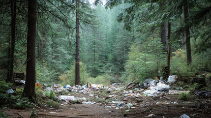 Empty forest trail surrounded by dense evergreen trees.