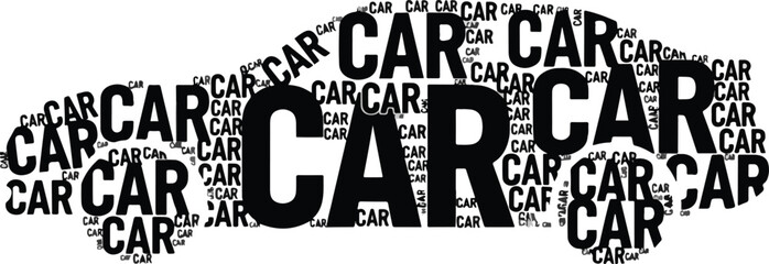 Black and white word cloud forming the silhouette of a modern automobile