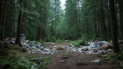Empty forest trail surrounded by dense evergreen trees.