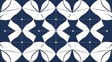 White abstract leaf shapes form a repeated geometric pattern on a dark blue background with star-like dots in between the shapes