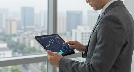 Businessman Analyzing Financial Data on Tablet with City View finance