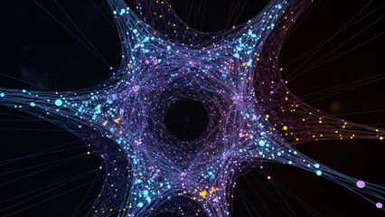 A glowing blue fractal design features an abstract star pattern and neon light energy flowing through a black space backdrop for a bright technology art wallpaper