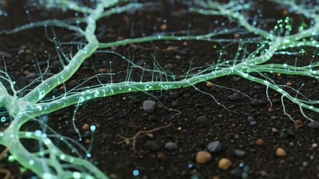 Mycelium network glowing distributing nutrients deep within soil system.