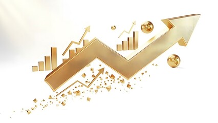 business graphs with arrows Gold up arrow success isolated on white 3d background with growth direction graph graphic symbol or golden economy stock profit chart icon element and investment financial 