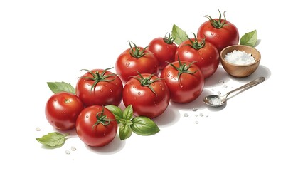 a row of Tomatoes in a bowl Watercolor painting of various red tomatoes whole and sliced isolated