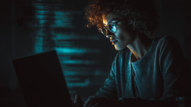 Female hacker typing code during cyber crime activity.
