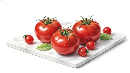 Tomatoes in a bowl Watercolor painting of various red tomatoes whole and sliced isolated