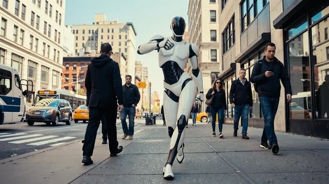 A Sleek Humanoid Robot Confidently Dances, Walks Among Busy Pedestrians on a Vibrant City Sidewalk, Advanced Robotics With Everyday Urban Life, Technology Lifestyle, and Futuristic Tech