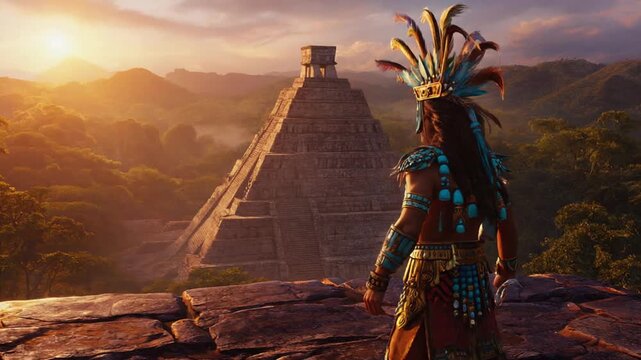 Mayan god on a Mayan pyramid.