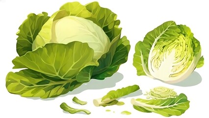 cabbage isolated on white background Fresh green cabbage illustration with whole and halved cabbage, showcasing detailed leaves and crisp textures.