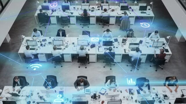 Overhead View of a Busy Open Plan Office Where Professionals Work on Computers, Animated Digital Icons Visualizing Cloud Computing, Data Analytics, Email, Workflow and Productivity Animation