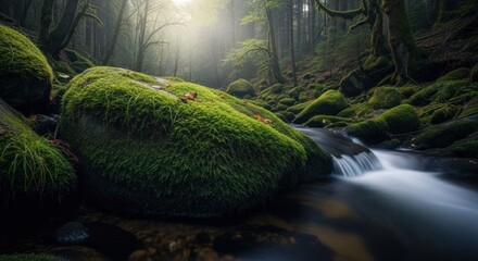 Moss-covered rocks beside a flowing stream in a misty forest. Sunlight streams through the trees