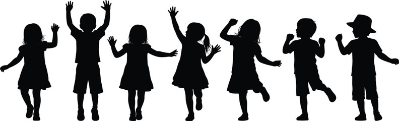 Children, silhouette, standing, playful, pose, black, figures, group, joy, movement, dancing, jumping, casual, energy, fun, kids, outfit, gesture, childhood, expression