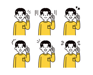 スマートフォンで通話する、様々な表情の若い男性・学生の上半身ベクターイラスト素材セット