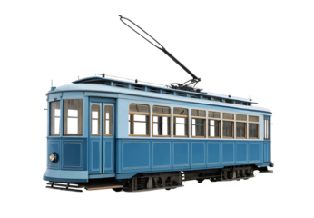 Vintage blue electric trolley streetcar with large windows and overhead pole, isolated on a transparent background