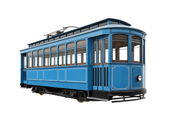 Obraz premium Classic blue electric tram with ornate decorative details and curved front, isolated on a transparent background