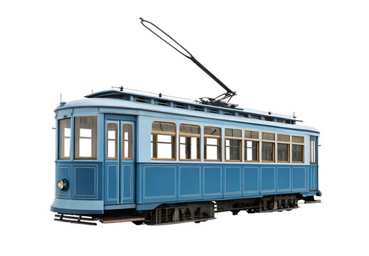 Vintage blue electric trolley streetcar with large windows and overhead pole, isolated on a transparent background