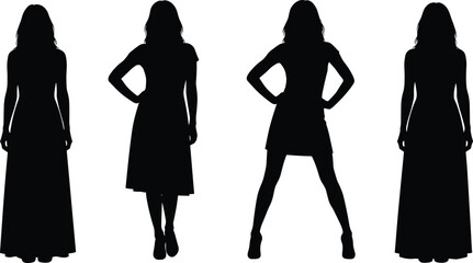 Silhouette, women, dress, fashion, standing, pose, black, figure, style, posture, elegance, outfit, body, gesture, model, clothing, variation, design, feminine, expression