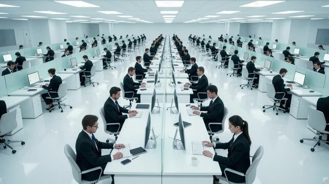 Slow Pan Across Endless White Office Rows Where Employees in Dark Business Suits Type on Computers, Manage Corporate Tasks, Synchronized Workflow, Strict Organization, Minimalist Workspace.