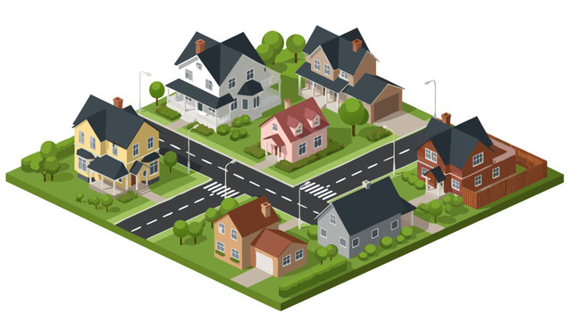 Isometric view of a charming residential neighborhood with various houses and green spaces.
