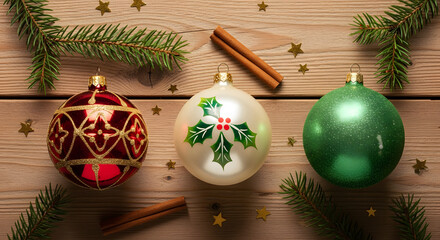 Christmas flat lay arrangement of decorative ornaments pine branches cinnamon sticks and golden stars on rustic wooden background