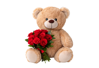 Large tan teddy bear sitting with red roses bouquet tied ribbon, isolated on a transparent background