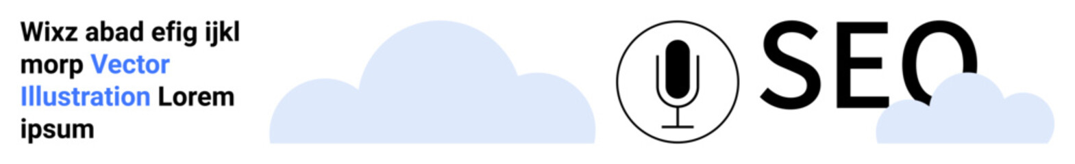 Digital marketing, voice search, SEO optimization, online branding, search engine tools, keyword research. Microphone icon with SEO text and clouds. Digital marketing and voice search concept