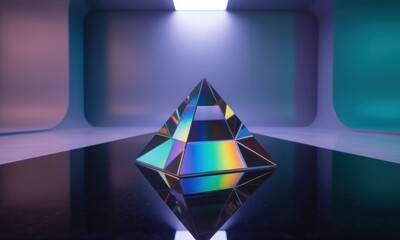 Prismatic pyramid in a vibrant, futuristic, interior space