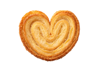 Heart-shaped palmier pastry cookie with golden caramelized layers and sugar coating, isolated on a transparent background