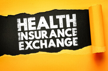 Text HEALTH INSURANCE EXCHANGE in bold distressed font revealed through a torn paper effect. The ripped background emphasizes the concept, symbolizing medical coverage, policies, and plans