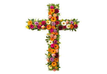 Vibrant flower cross decoration featuring pink orange and yellow fresh blooms, isolated on a transparent background