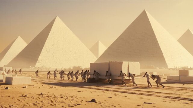 Ancient Egyptian Laborers Haul Massive Stone Blocks on Sledges Across Desert Construction Site, Building Pyramids, Historical Engineering, Monumental Iconic Pharaonic Architecture.