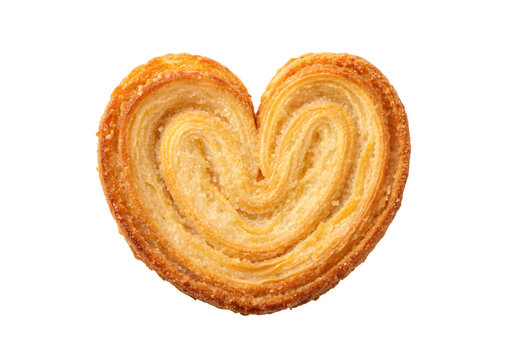 Heart-shaped palmier pastry cookie with golden caramelized layers and sugar coating, isolated on a transparent background