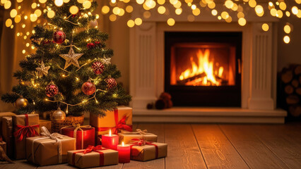 Cozy christmas scene with tree and fireplace