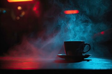 Steaming beverage cup and saucer on dark surface