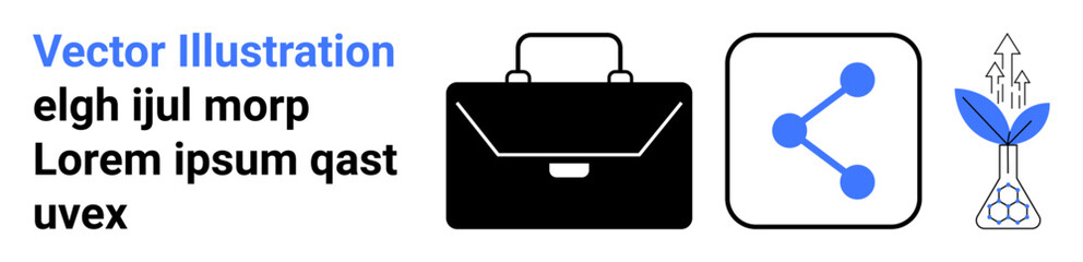 Business strategy, professional networking, sustainable development, growth opportunities, corporate ideas, innovation. Set of icons a briefcase, share symbol and plant with arrows. Business