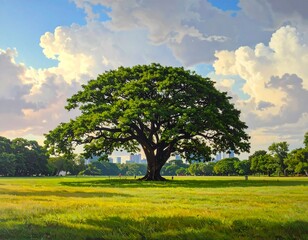 Fototapeta premium A sprawling, verdant tree stands majestic in a sunlit meadow, with fluffy clouds above and a city skyline faintly in the distance