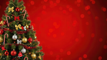 Beautifully decorated christmas tree against vibrant red background