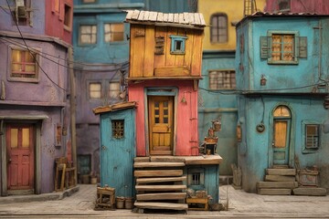 Colorful old buildings in a narrow alleyway with doors.