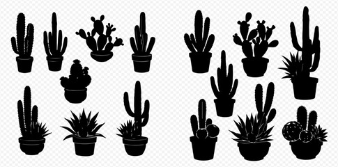 Collection of various potted cactus and succulent plant silhouettes in black on a transparent background.