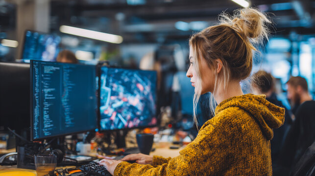 woman coding in modern tech office, female developer collaborating in innovative workspace, diverse tech team programming in creative office - Powered by Adobe