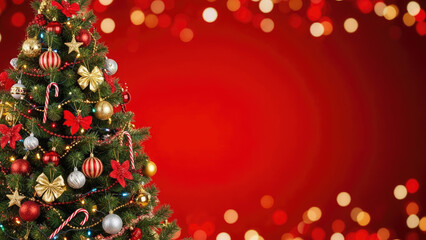 Beautifully decorated christmas tree on red background with bokeh lights