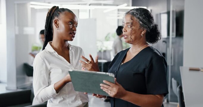 Discussion, review or women in office with tablet, draft insight or content development for article. Collaboration, coworking or journalist with tech, story planning or editor feedback for magazine