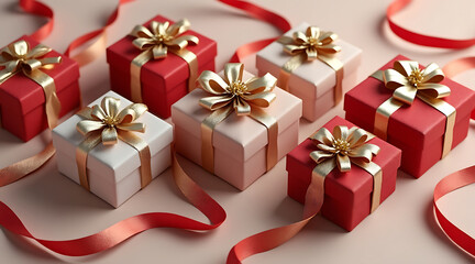 Obraz premium Elegant red and white gift box arrangement with gold ribbon and bows, festive holiday mood and luxurious celebration atmosphere