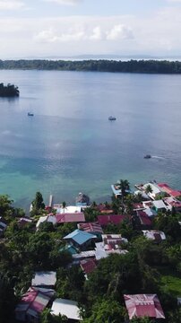 Vertical drone footage performing an orbit motion around Bastimentos Island, highlighting colorful coastal houses and tropical landscapes.