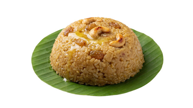 Pongal festival sweet rice dish served on a green leaf plate, presented against a plain background, studio shot on white and transparent