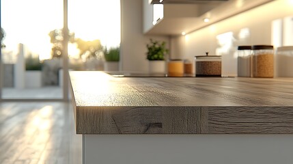 Warm Sunlight on Modern Wood Kitchen Countertop.